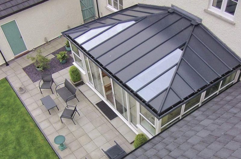 Aerial shot of a conservatory installation featuring an Ultraframe conservatory roof 