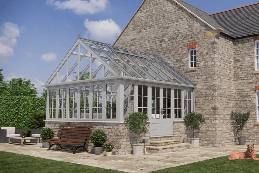 a light grey timber conservatory.