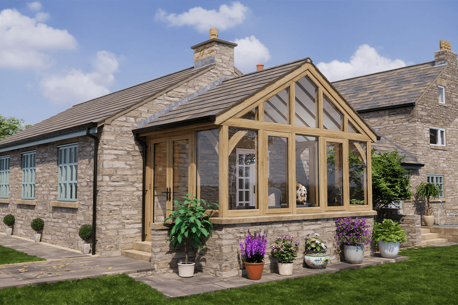 A timber conservatory in cotswolds.