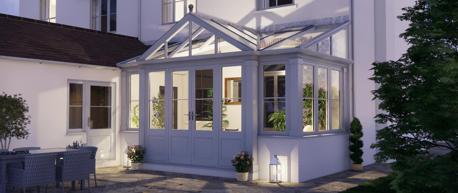 Lean to conservatory with gable dusk.