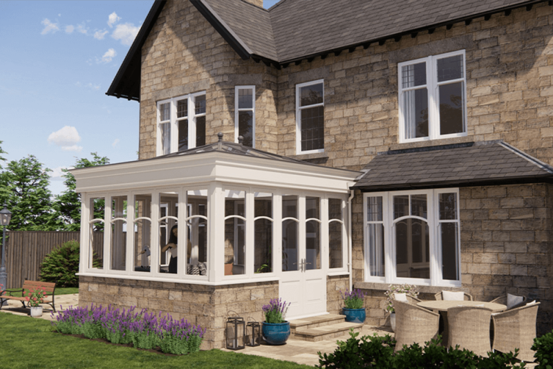 orangery with curved bars windows.