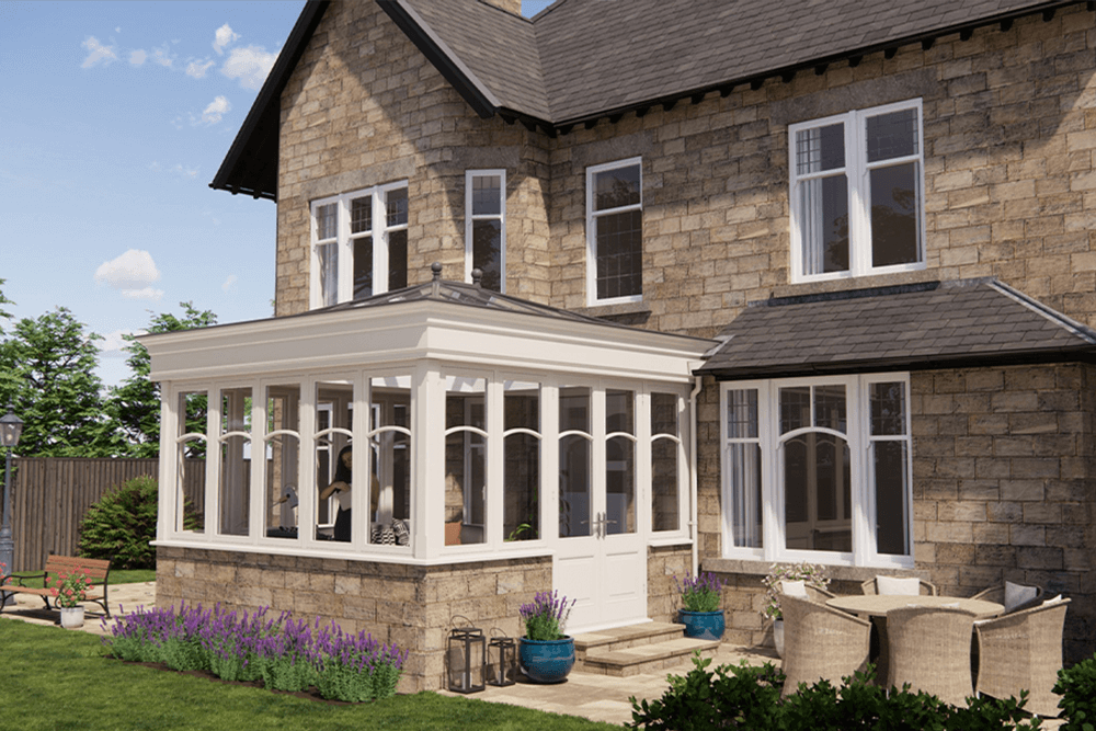orangery with curved bars windows.
