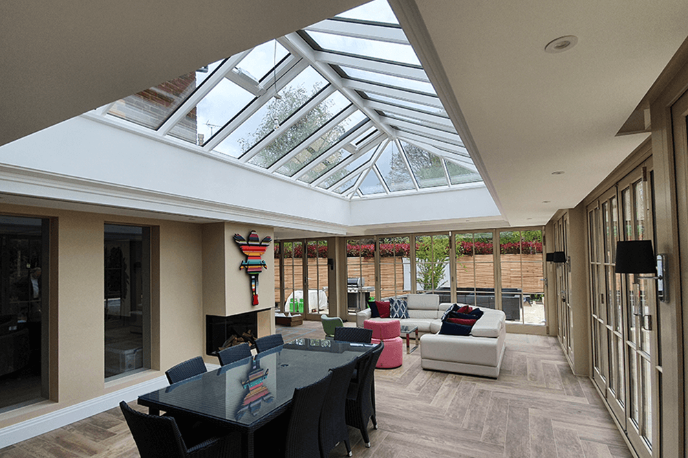 interior of a orangery with lantern roof.