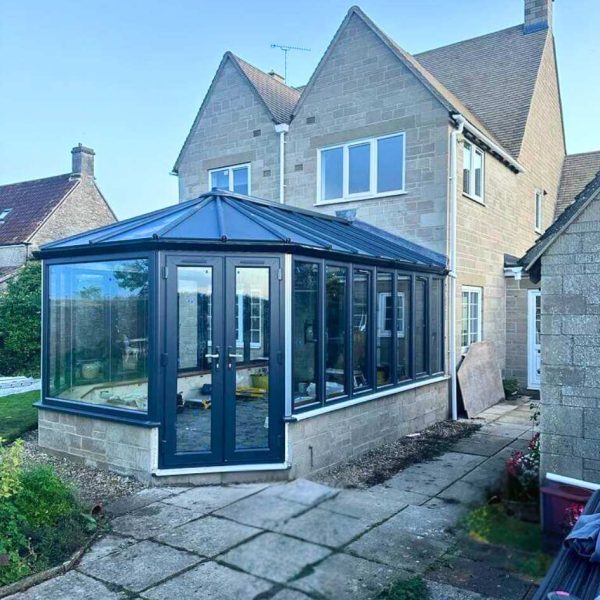 Aluminium victorian conservatory with black frames 