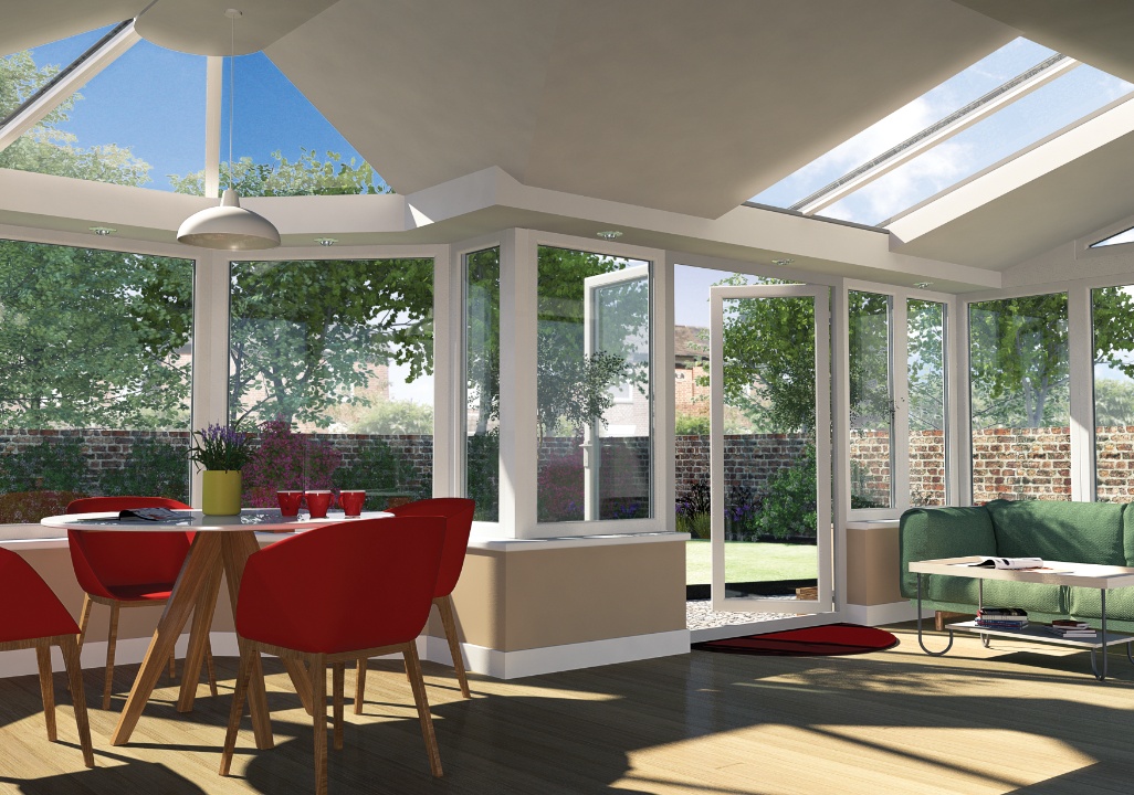 Experience the Livinroof hybrid conservatory with glazed panels and solid sections, offering a thermally efficient space filled with natural light for dining and relaxation.