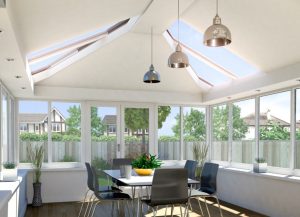 Explore the Livinroof hybrid conservatory, blending glazed panels and solid sections for thermal efficiency and abundant natural light in a stylish interior space.