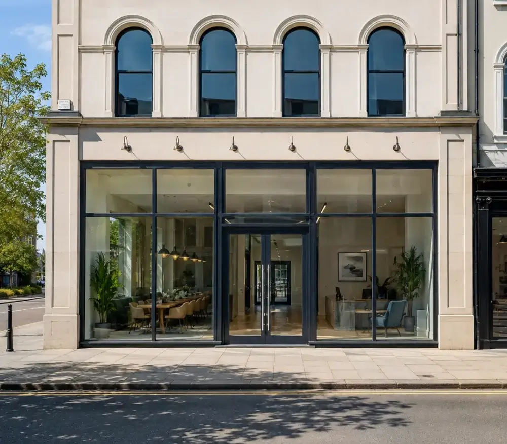 Commercial aluminium fabrication Cheltenham building exterior with aluminium-framed shopfront glazing, glass entrance doors and office-style commercial frontage on a sunny English summer afternoon.