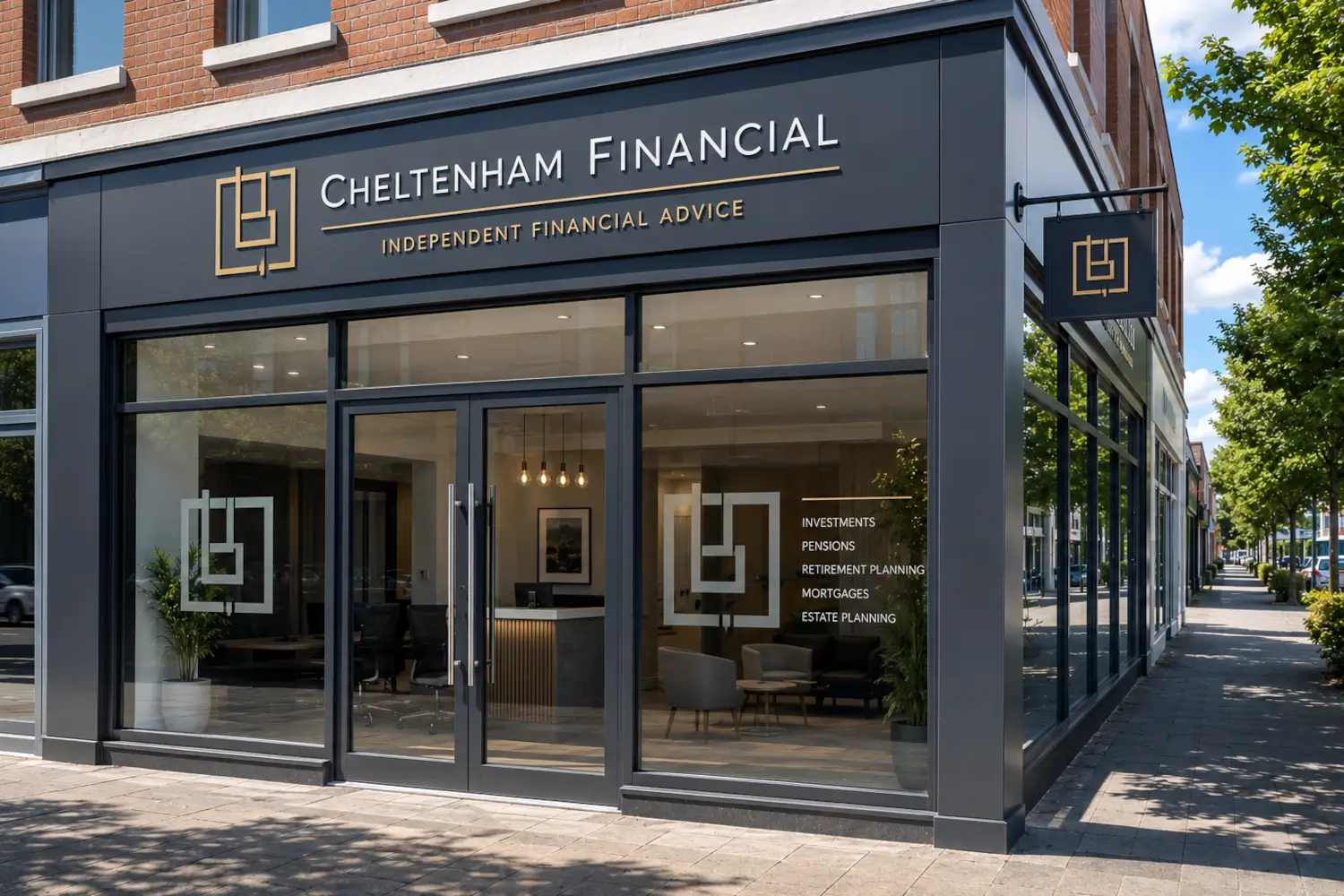Commercial aluminium glazing on a modern Cheltenham shopfront building exterior with large glass windows and aluminium entrance doors.